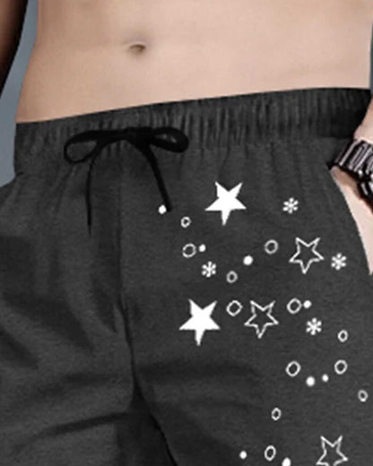 Men Star Printed With Cuffed Trackpant / Darkgrey & White