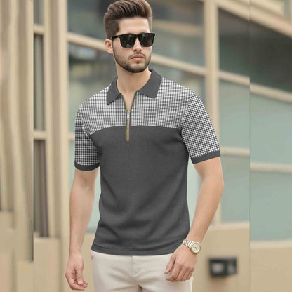 Quarter Zip Polo Neck Dual Color Printed Half Sleeve TSHIRT Darkgrey & White