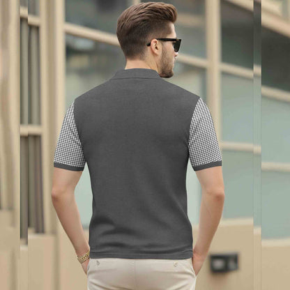 Quarter Zip Polo Neck Dual Color Printed Half Sleeve TSHIRT Darkgrey & White