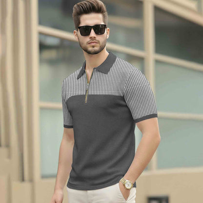 Quarter Zip Polo Neck Dual Color Printed Half Sleeve TSHIRT Darkgrey & White