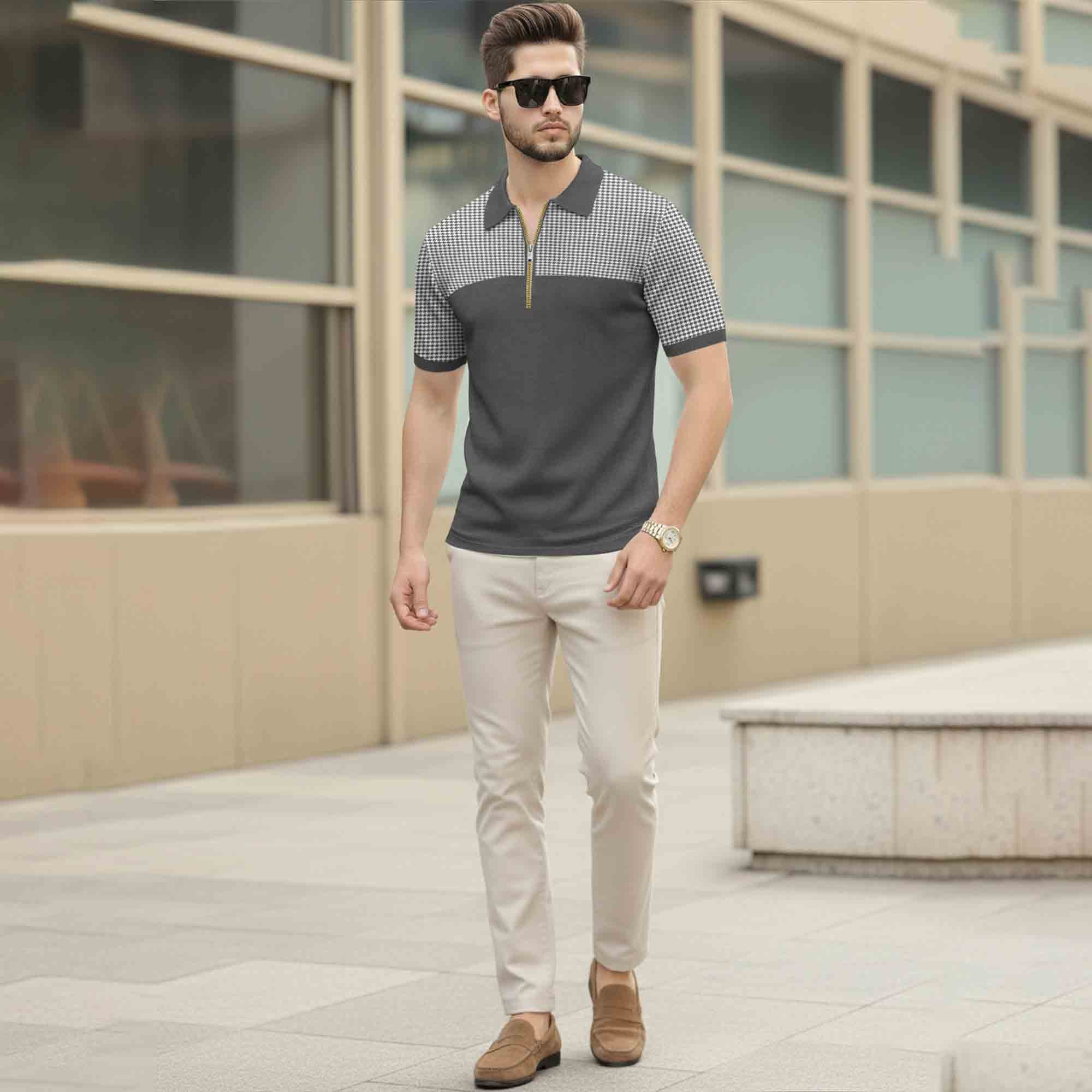 Quarter Zip Polo Neck Dual Color Printed Half Sleeve TSHIRT Darkgrey & White