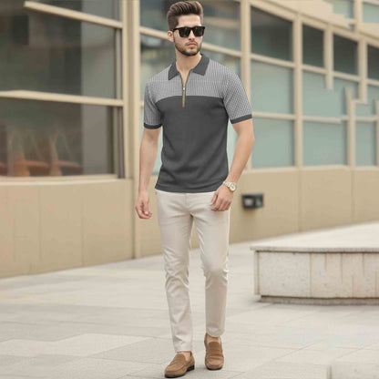 Quarter Zip Polo Neck Dual Color Printed Half Sleeve TSHIRT Darkgrey & White