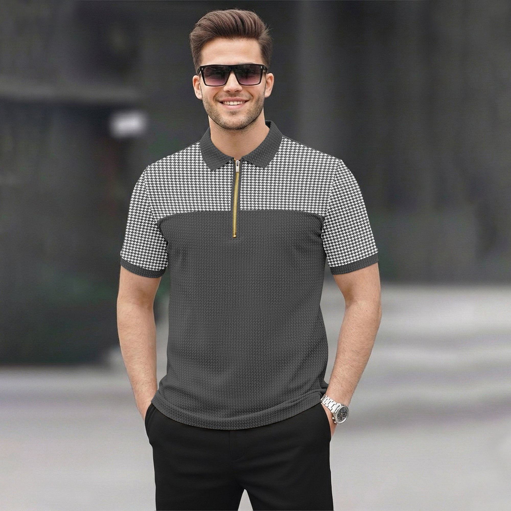 Men Quarter Zip Polo Neck Printed T-shirts