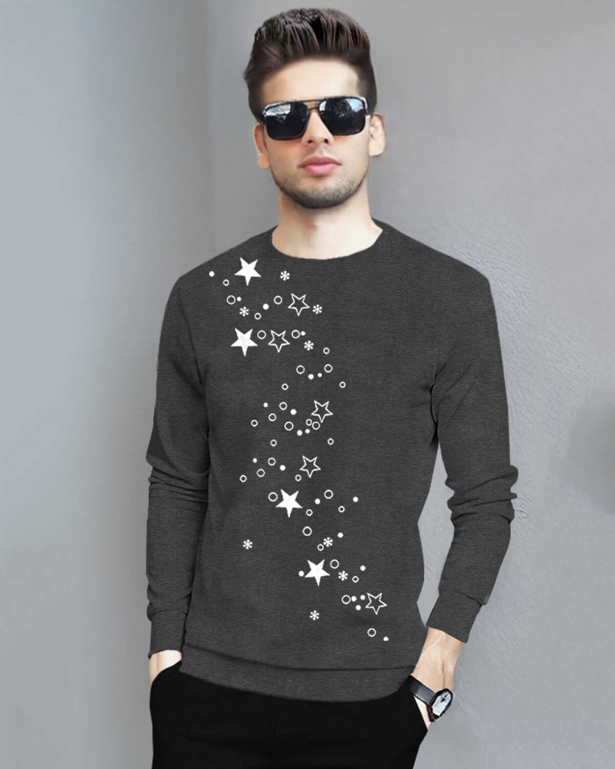 Men Full Sleeve Star Printed Round Neck Black T-Shirt