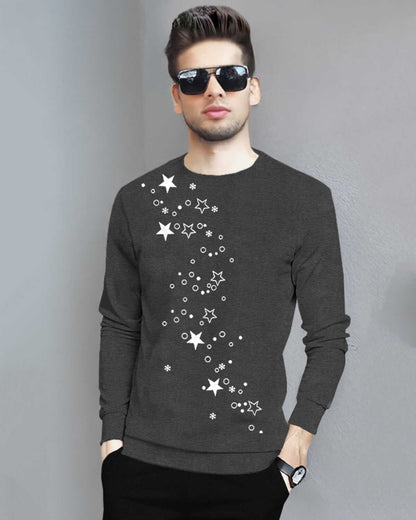 Men Full Sleeve Star Printed Round Neck Black T-Shirt