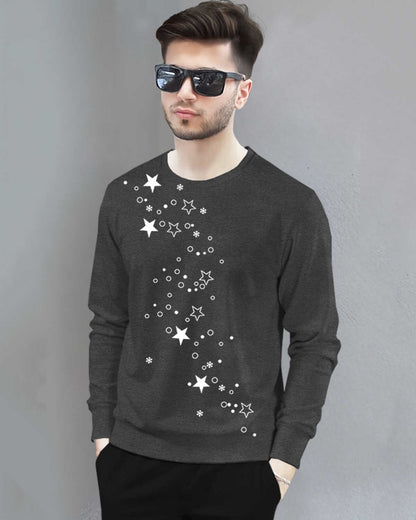 Men Full Sleeve Star Printed Round Neck T-Shirt / Dark Grey
