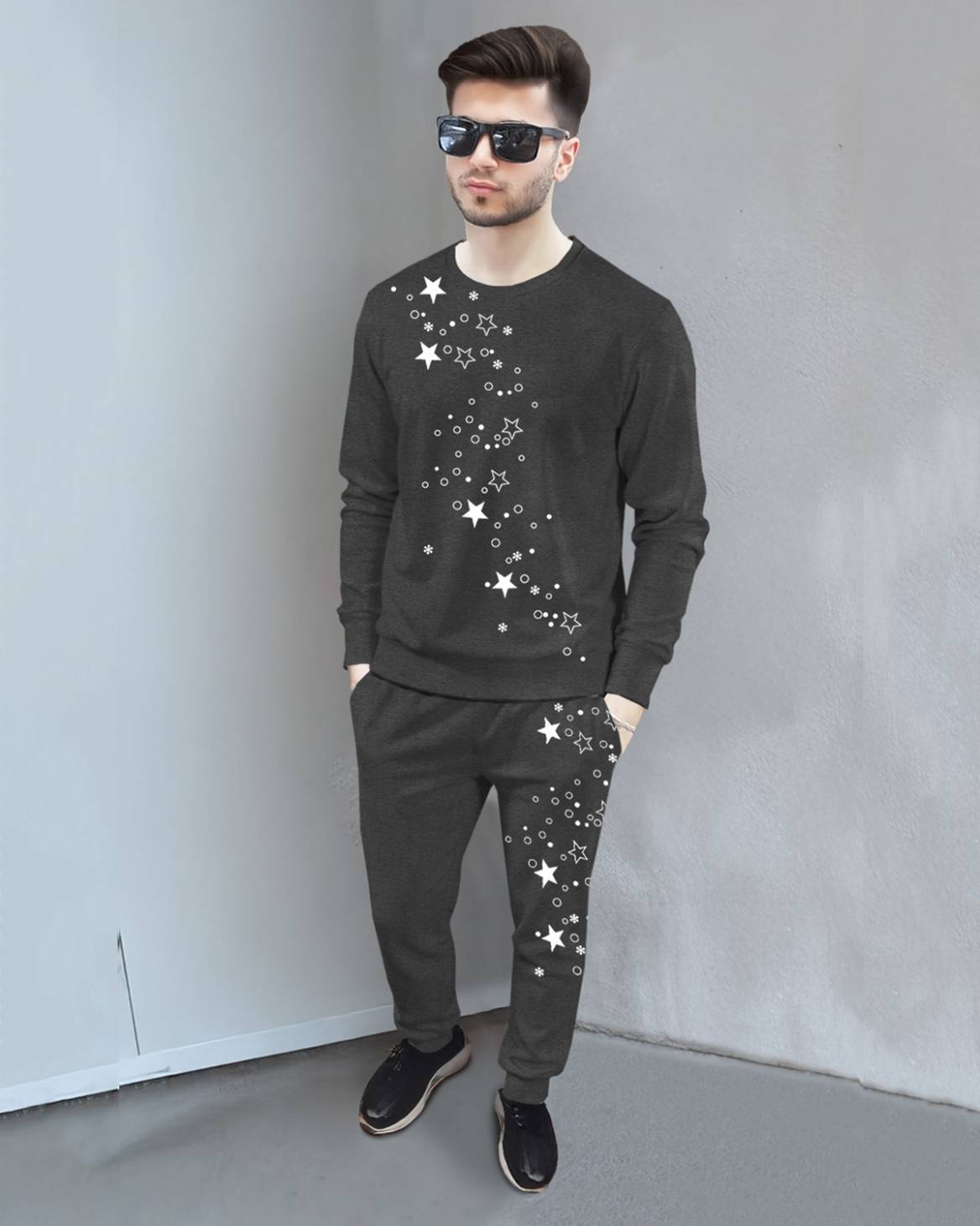 Tracksuit Full Sleeve Star Printed Darkgrey T-shirt / Darkgrey Printed Trackpant