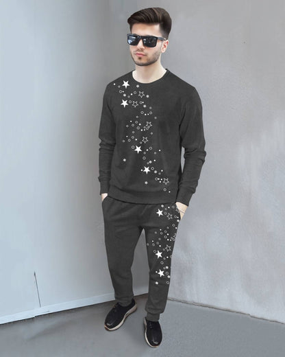 Tracksuit Full Sleeve Star Printed Darkgrey T-shirt / Darkgrey Printed Trackpant