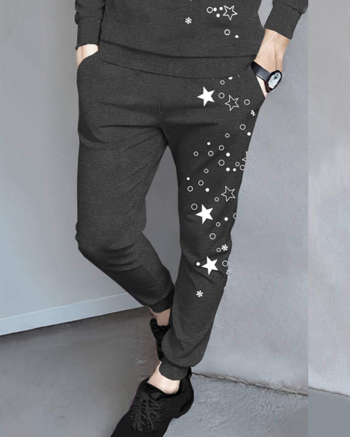 Tracksuit Full Sleeve Star Printed Darkgrey T-shirt / Darkgrey Printed Trackpant