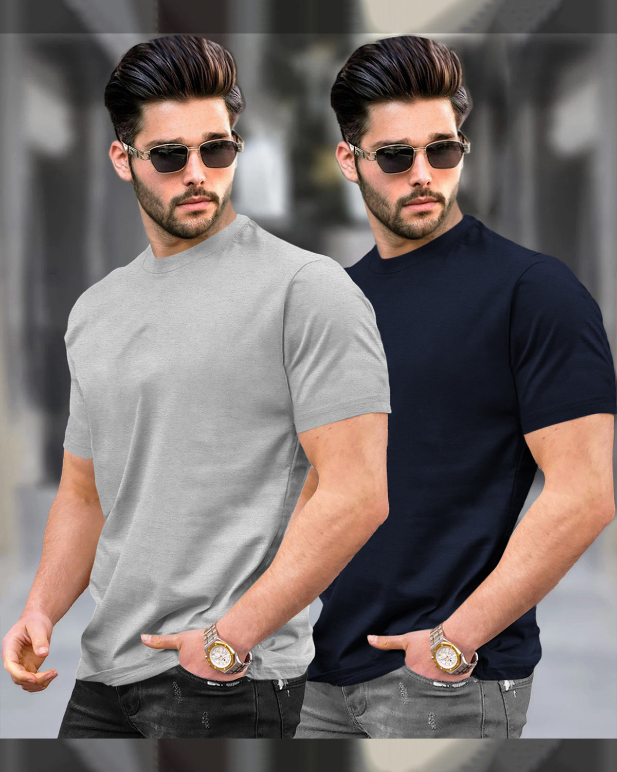 Mens Round Neck Half Sleeve Grey & Navy T-shirts (Pack Of 2)