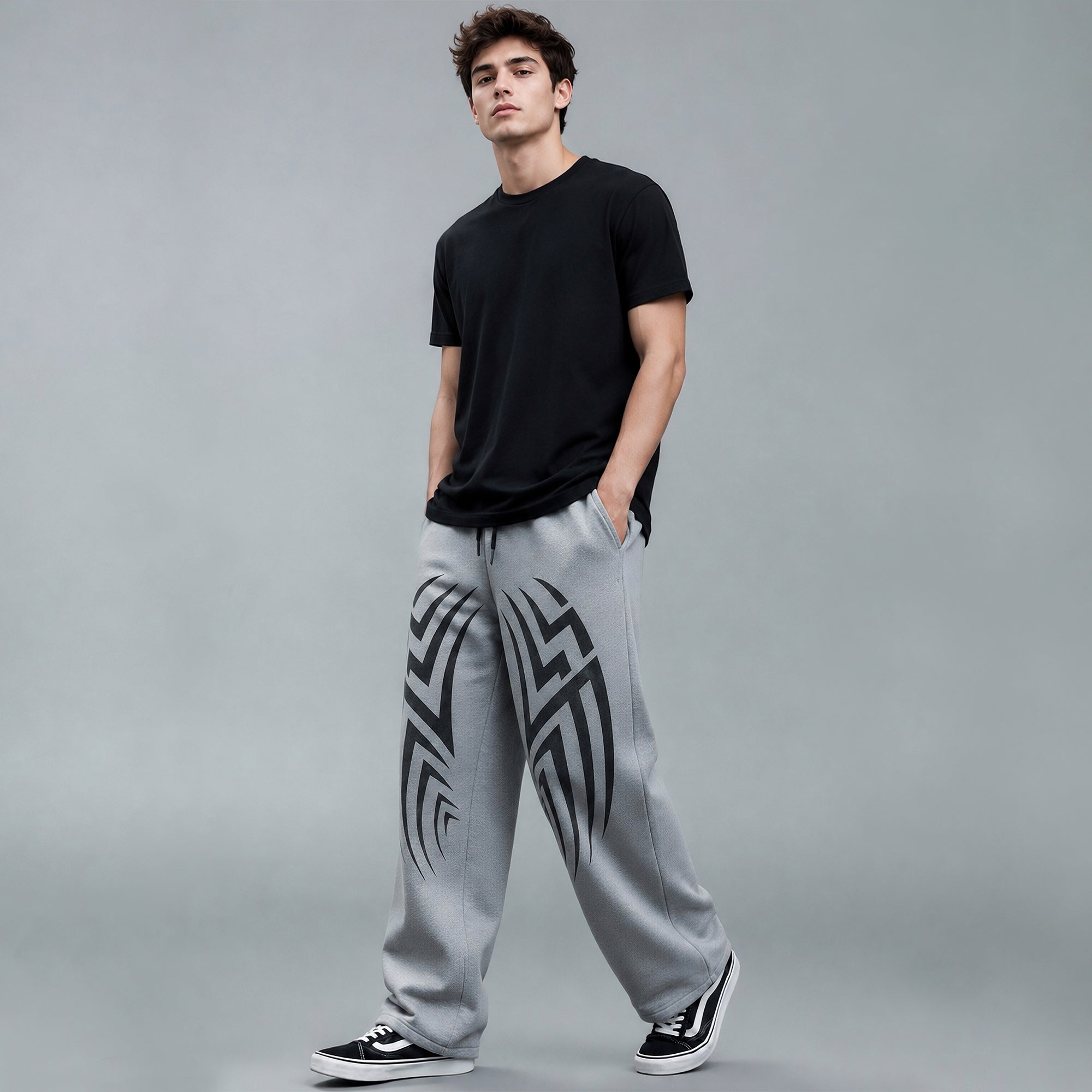 Mens Printed Design Baggy Fit Trackpant Grey