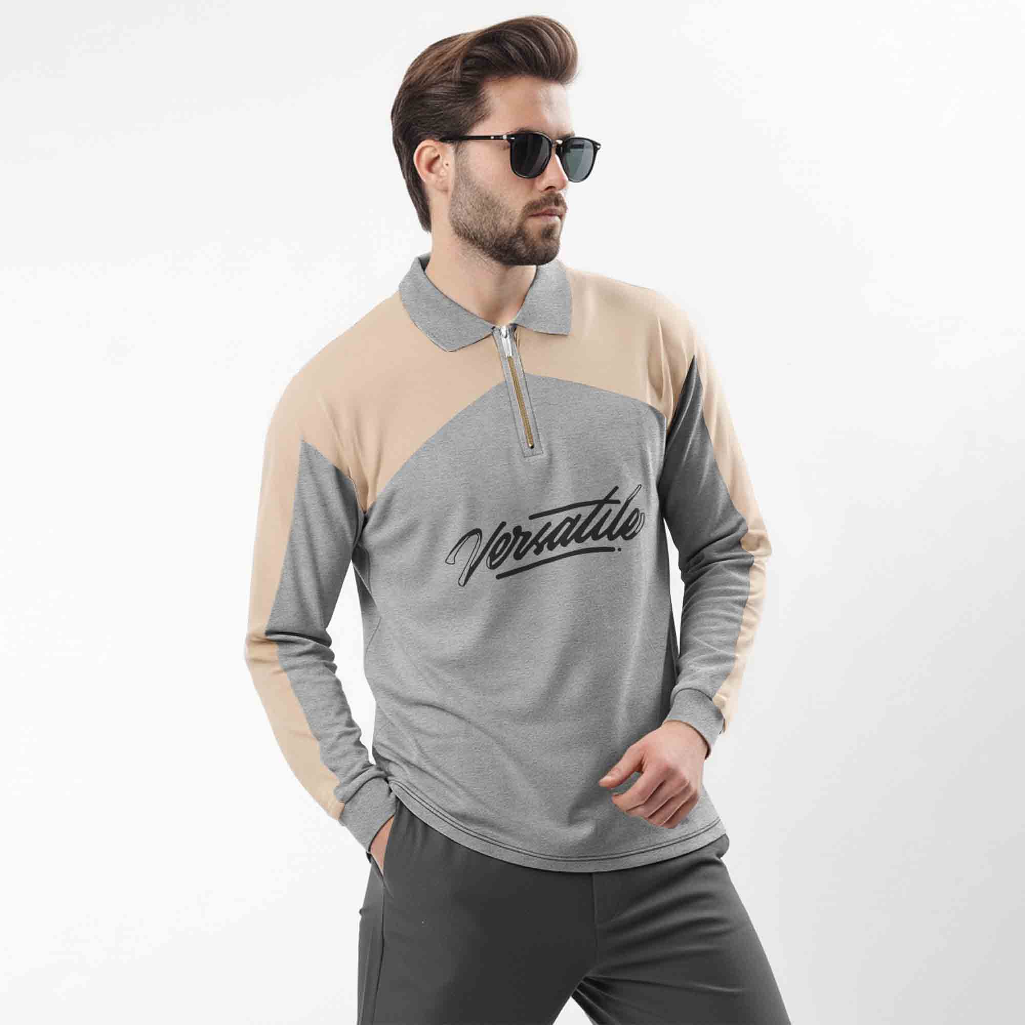 Men Colorblock Polo Neck Full Sleeve T-Shirt Grey & Beige
