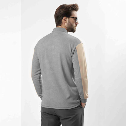 Men Colorblock Polo Neck Full Sleeve T-Shirt Grey & Beige
