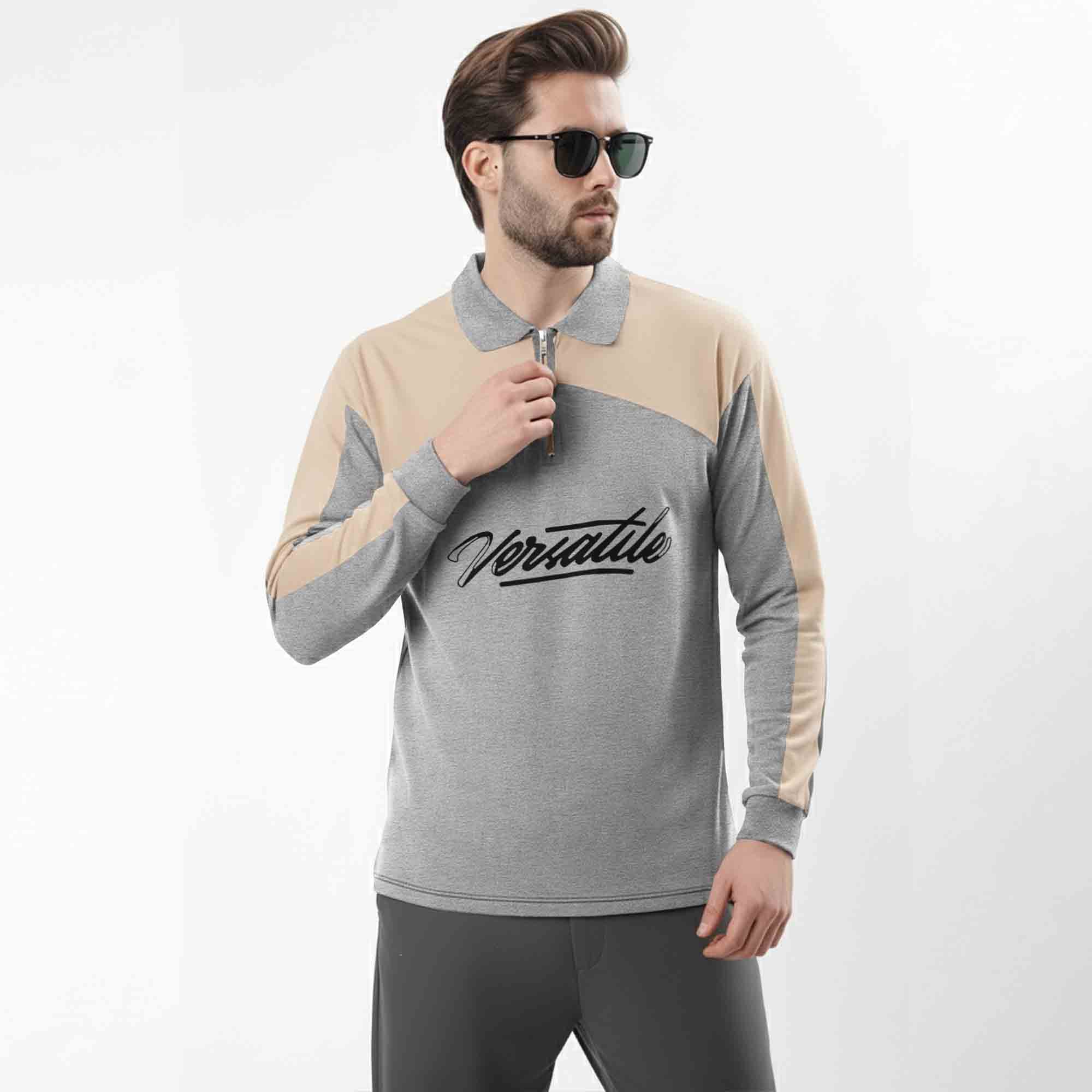 Men Colorblock Polo Neck Full Sleeve T-Shirt Grey & Beige