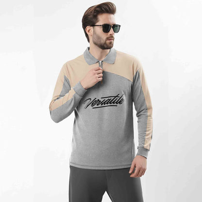 Men Colorblock Polo Neck Full Sleeve T-Shirt Grey & Beige