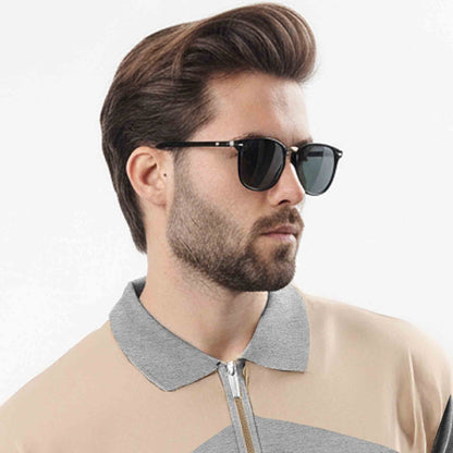 Men Colorblock Polo Neck Full Sleeve T-Shirt Grey & Beige