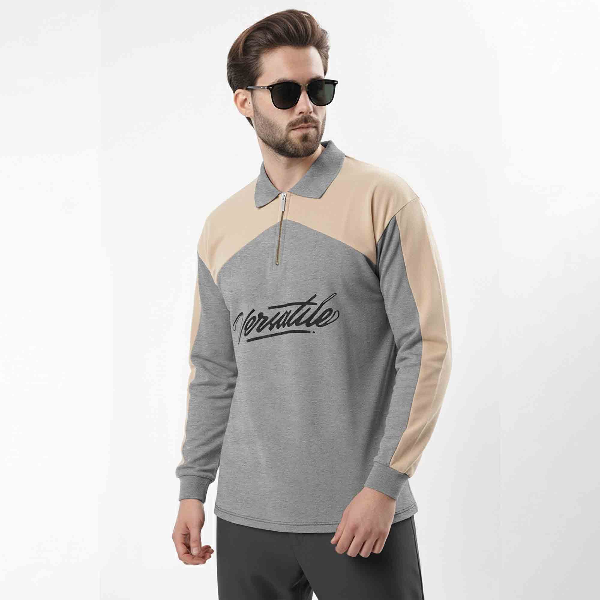 Men Colorblock Polo Neck Full Sleeve T-Shirt Grey & Beige