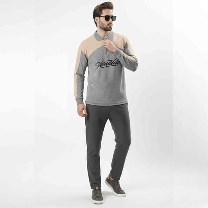 Men Colorblock Polo Neck Full Sleeve T-Shirt Grey & Beige