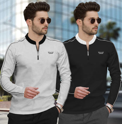 (Pack Of 2) Mandarin Neck Full Sleeve Multicolor Tshirts- 10 Variants
