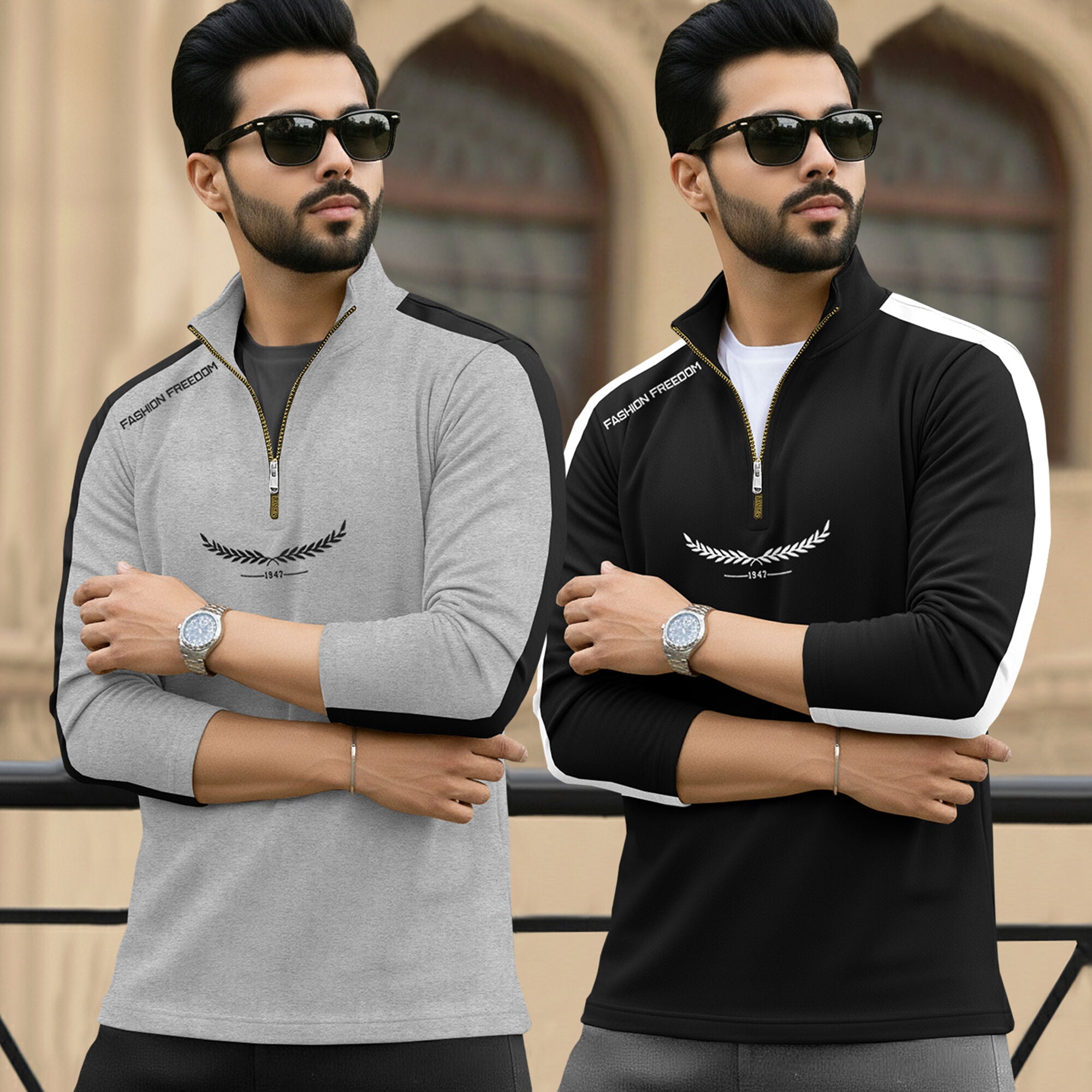 (Pack Of 2) Full Sleeve High Neck Quarter Zip Neck T-shirts Grey &Black