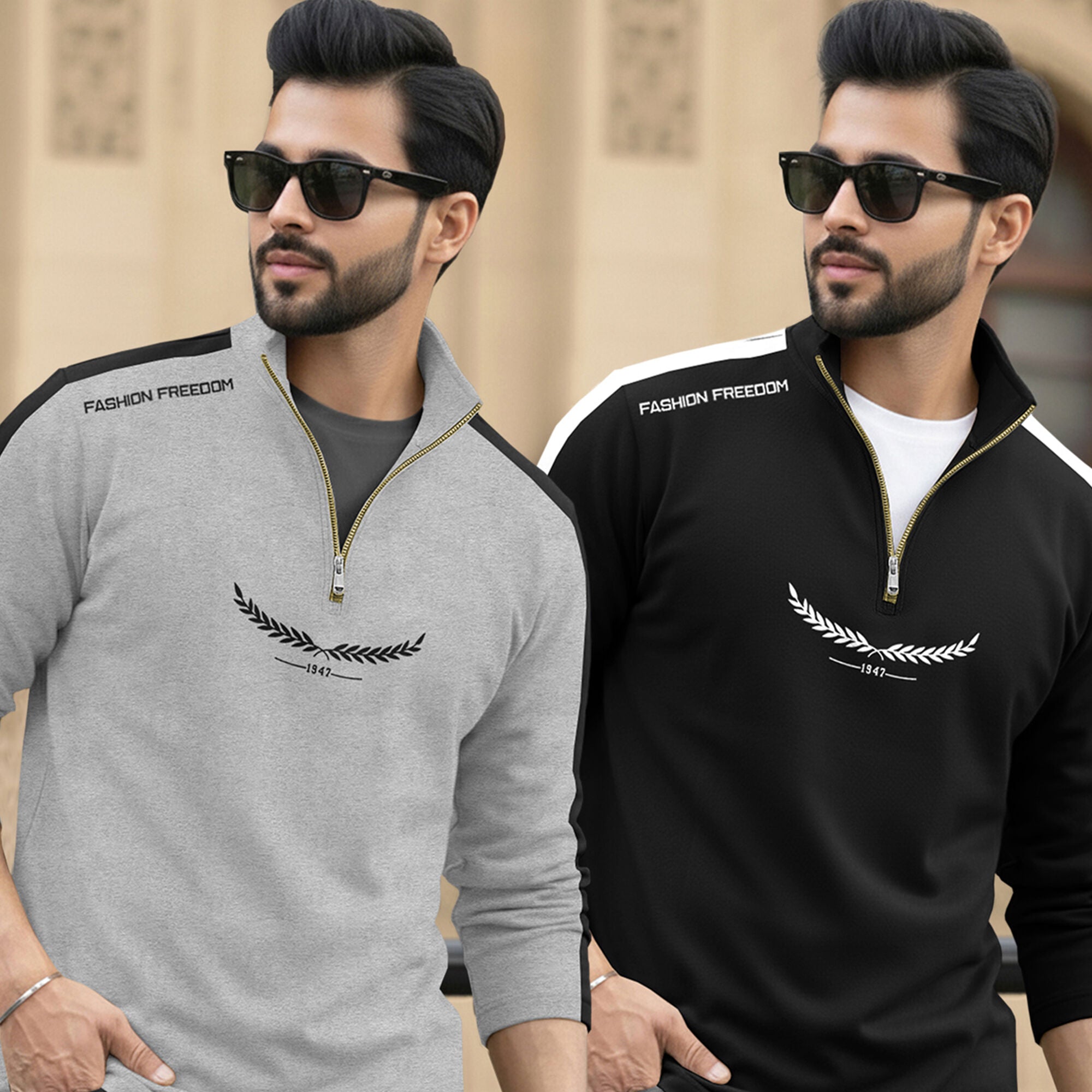 (Pack Of 2) Full Sleeve High Neck Quarter Zip Neck T-shirts Grey &Black