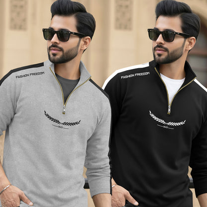 (Pack Of 2) Full Sleeve High Neck Quarter Zip Neck T-shirts Grey &Black