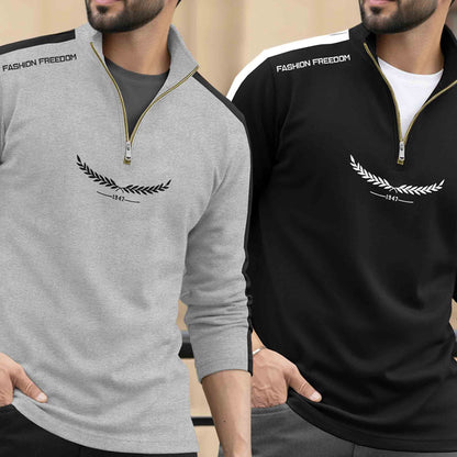 (Pack Of 2) Full Sleeve High Neck Quarter Zip Neck T-shirts Grey &Black