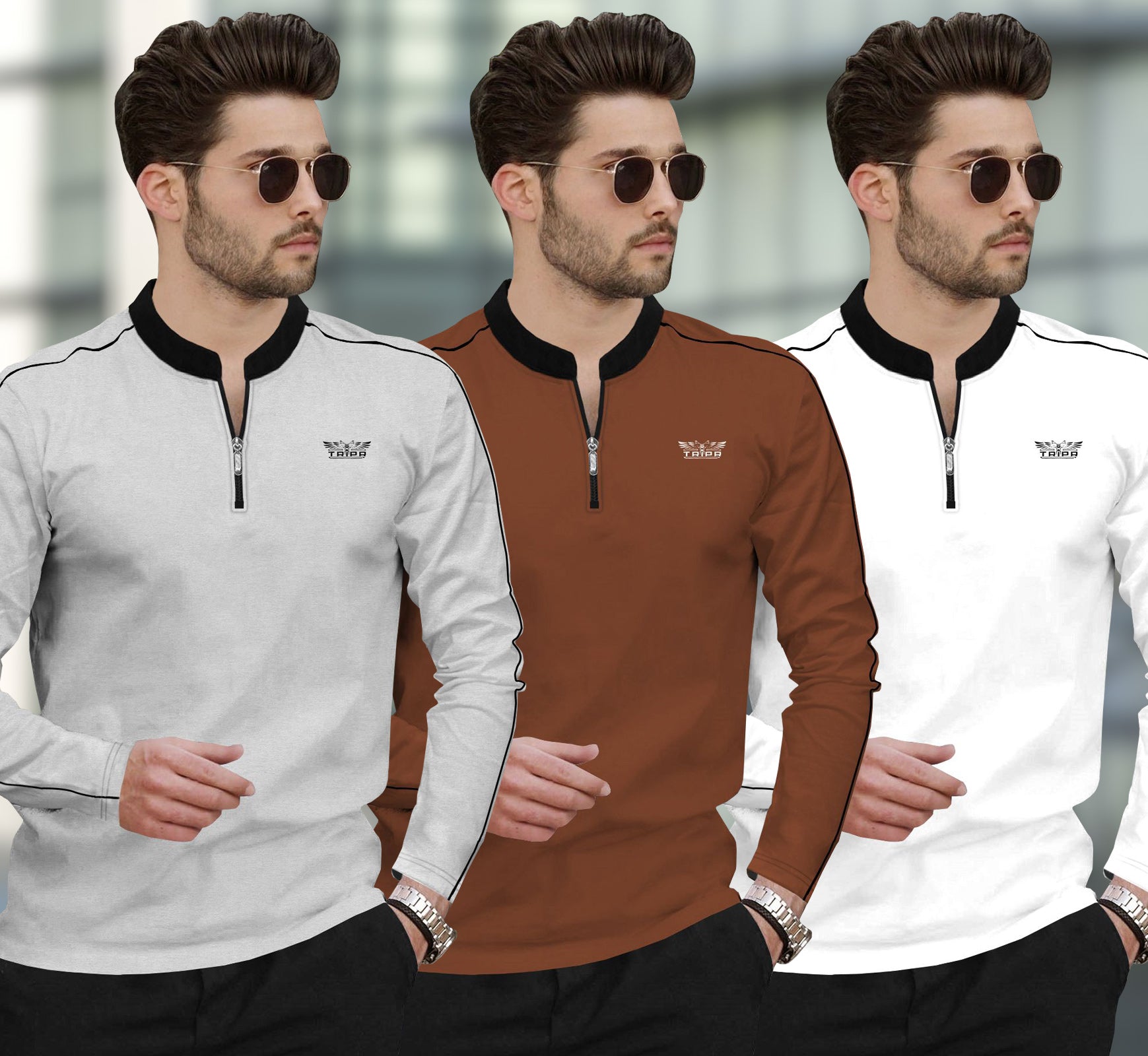 (Pack Of 3) Henley Neck Full Sleeve Colorblocked T-shirts