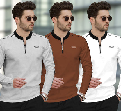 (Pack Of 3) Henley Neck Full Sleeve Colorblocked T-shirts