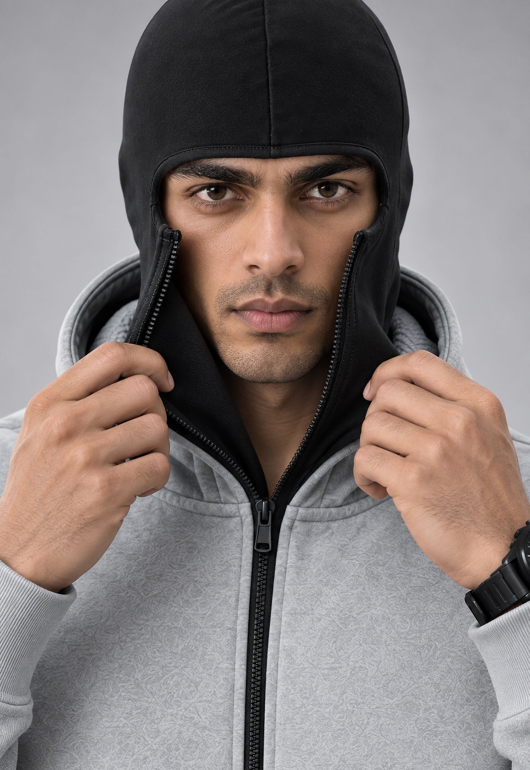 Men Winter Double Capped Hooded Jacket Grey
