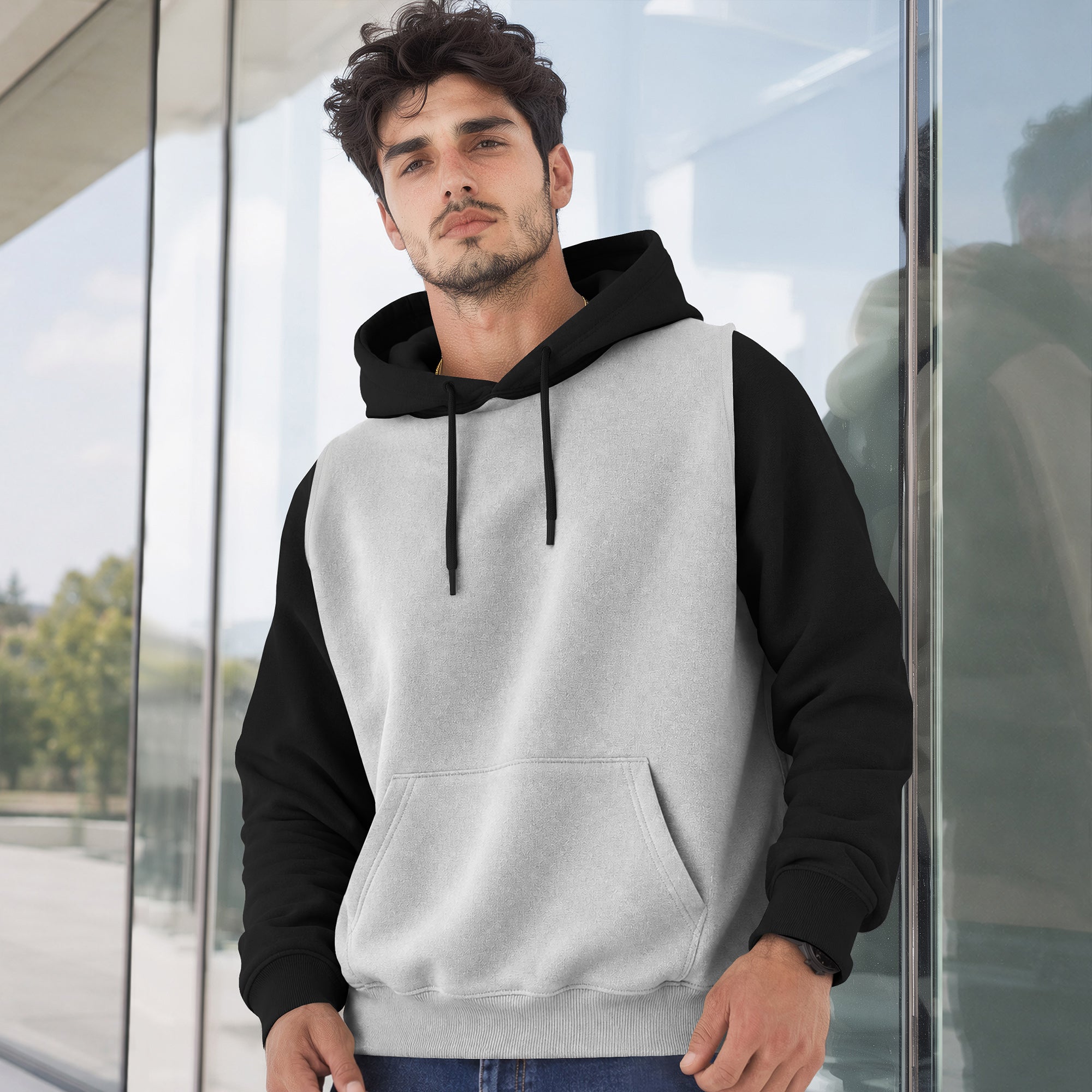 Mens Full Sleeve Two-Tone Casual Pullover Hoodie Grey
