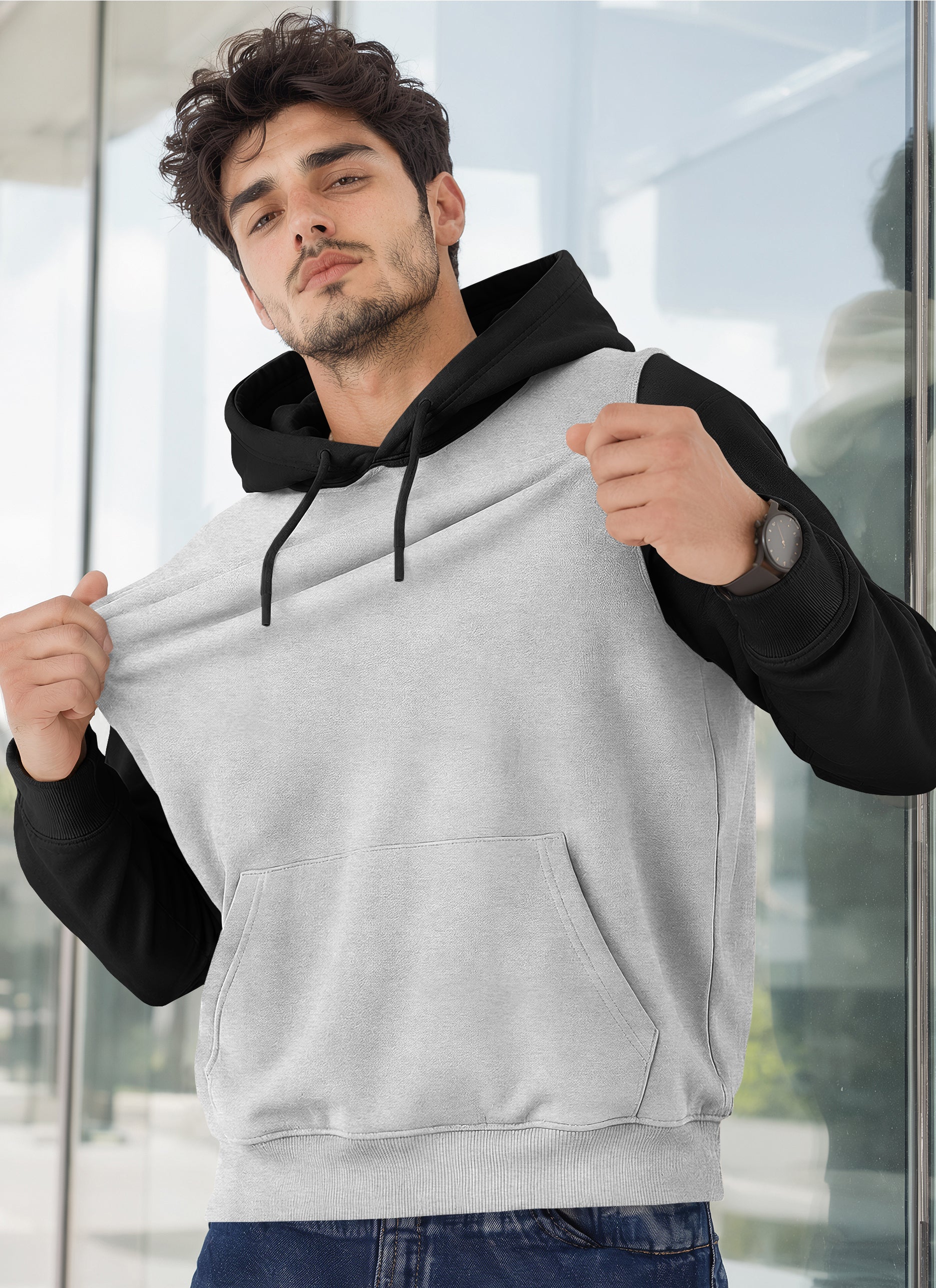 Mens Full Sleeve Two-Tone Casual Pullover Hoodie Grey