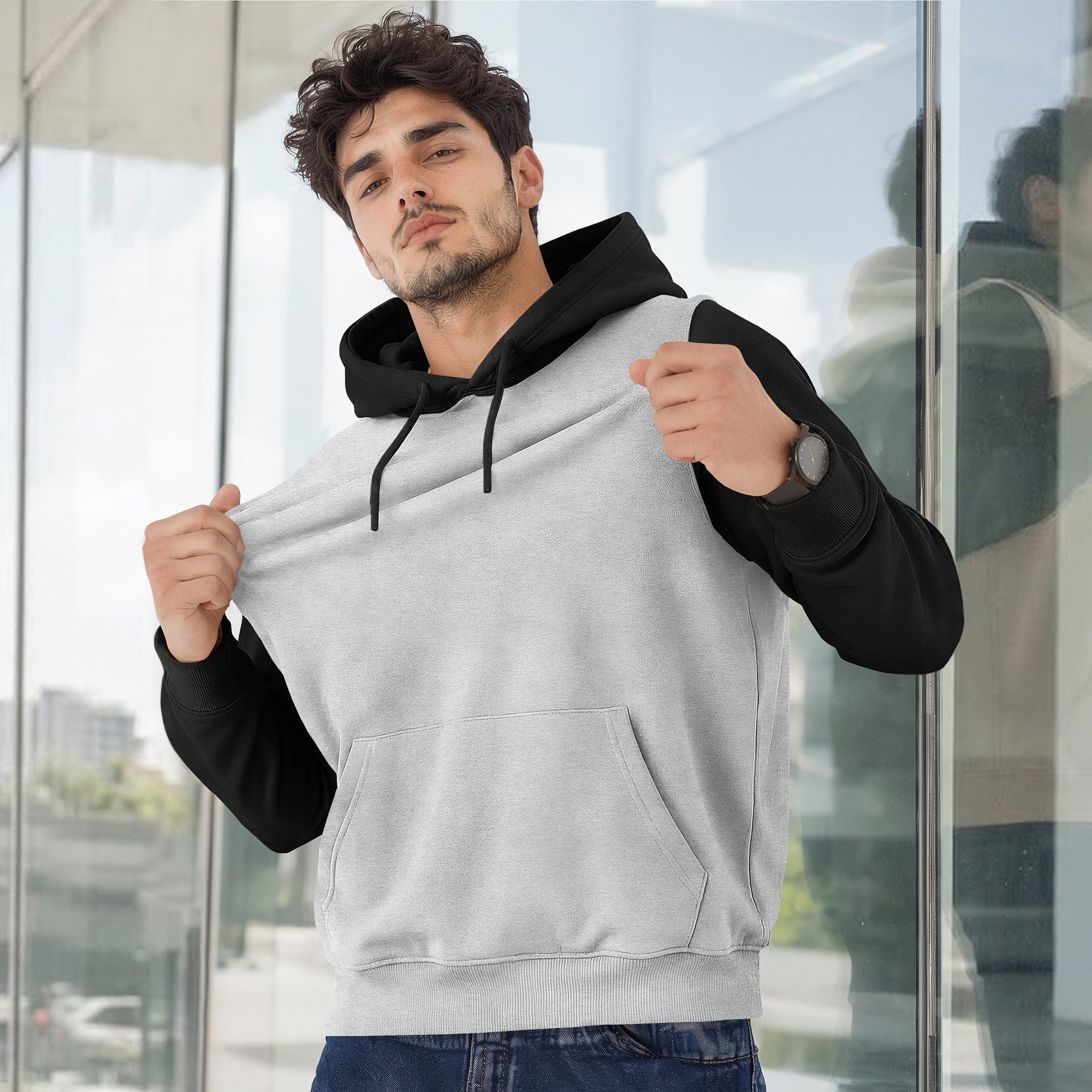 Mens Full Sleeve Two-Tone Casual Pullover Hoodie Grey
