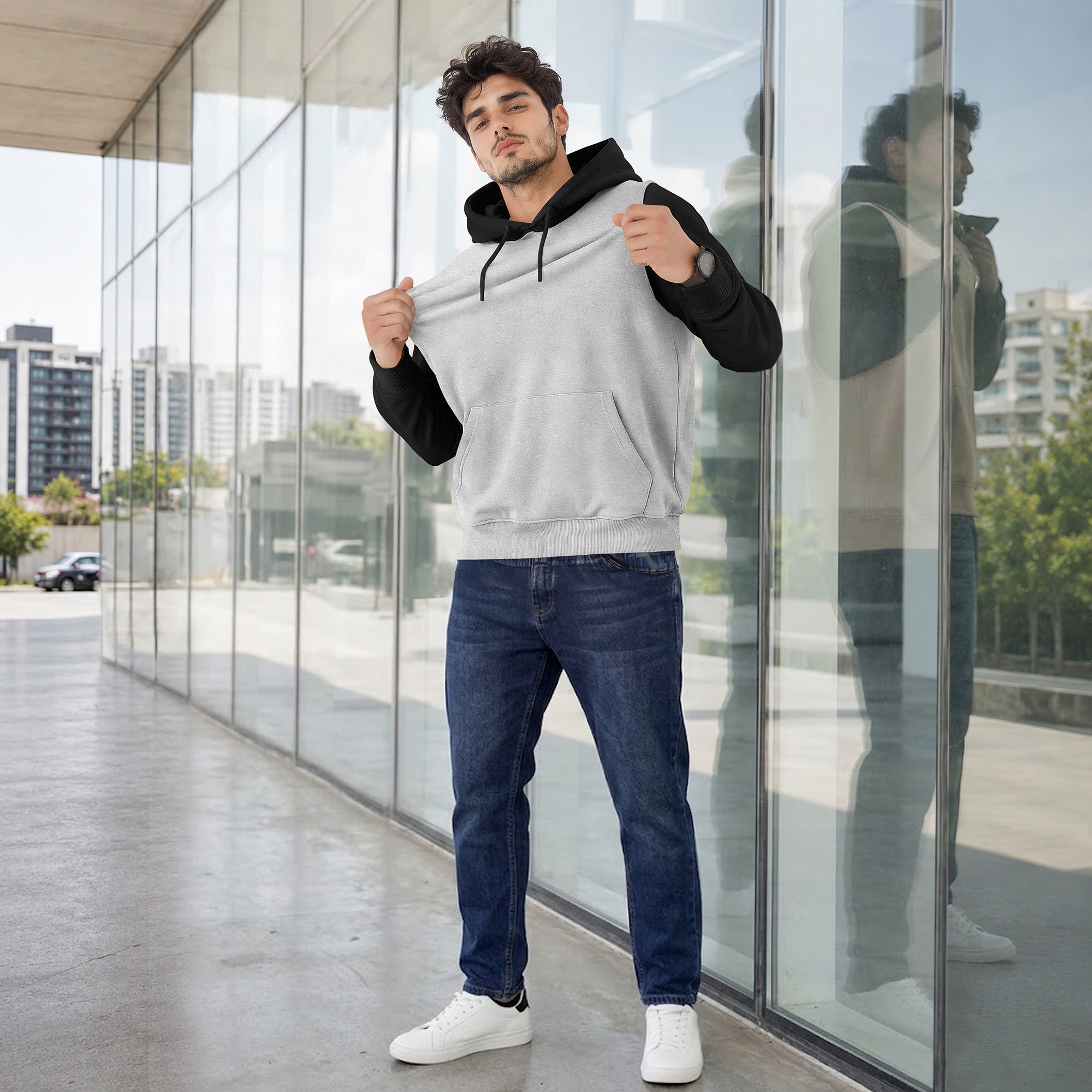 Mens Full Sleeve Two-Tone Casual Pullover Hoodie Grey