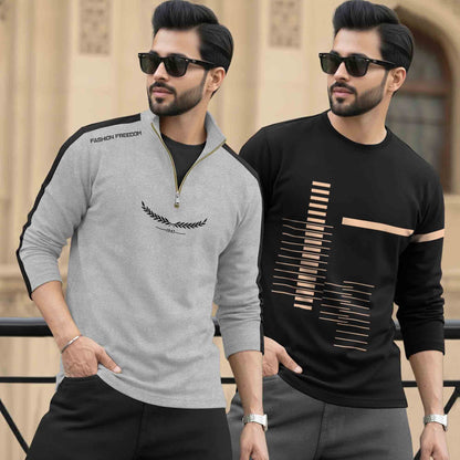 (Pack Of 2) Full Sleeve Printed T-shirts Grey & Black