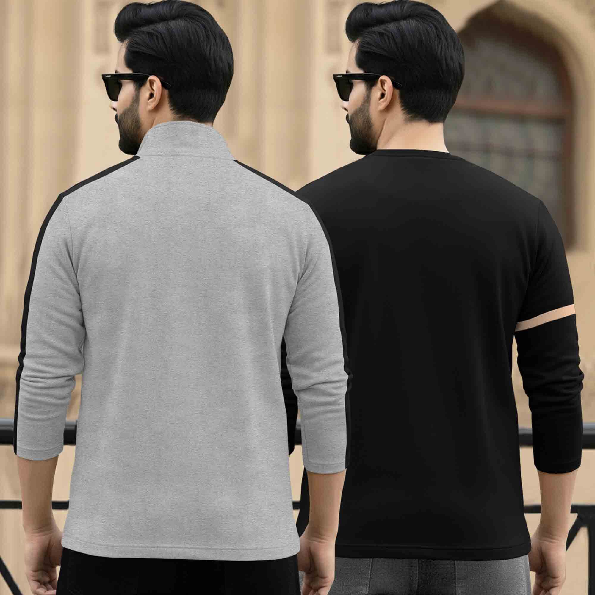 (Pack Of 2) Full Sleeve Printed T-shirts Grey & Black