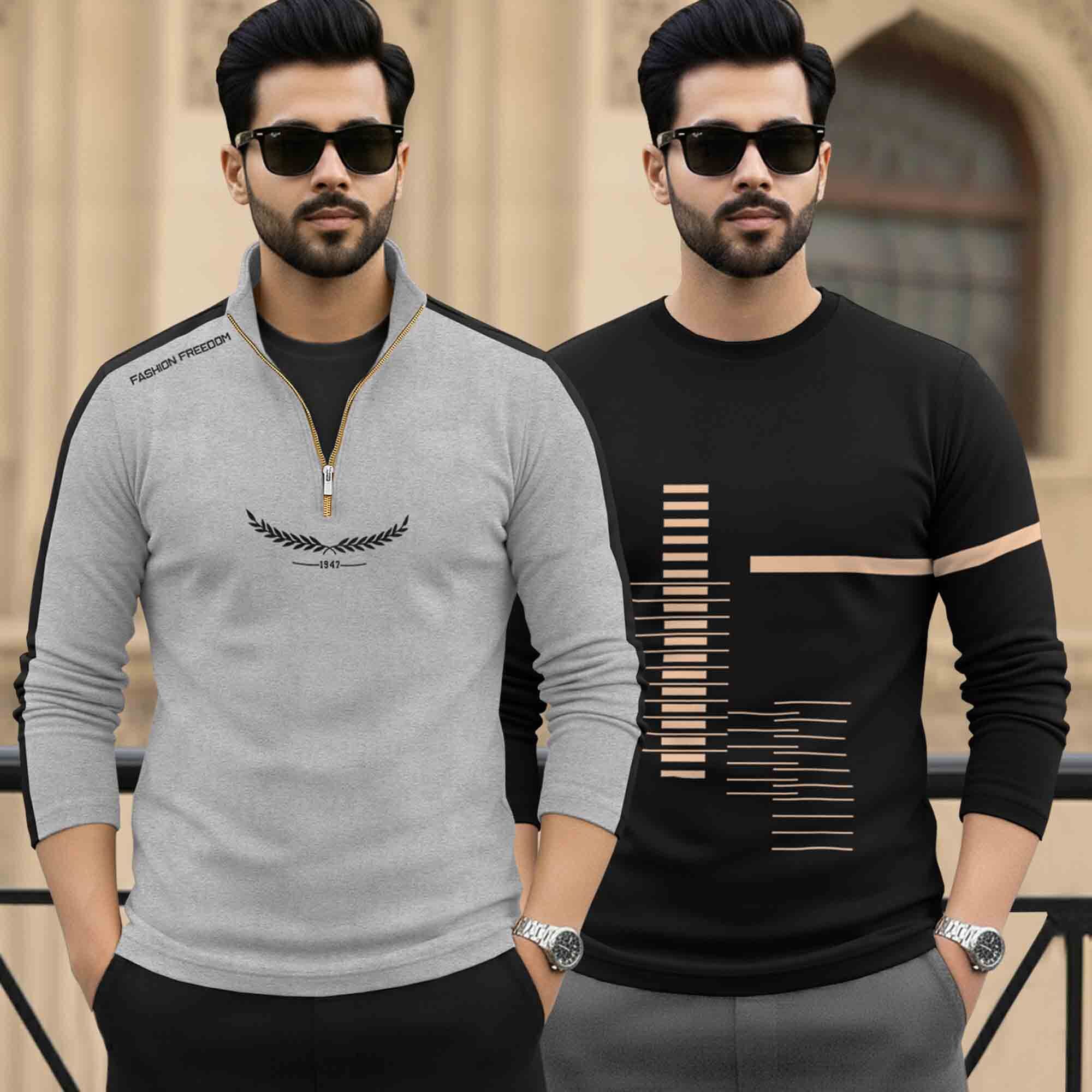 (Pack Of 2) Full Sleeve Printed T-shirts Grey & Black