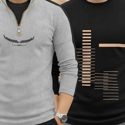 (Pack Of 2) Full Sleeve Printed T-shirts Grey & Black
