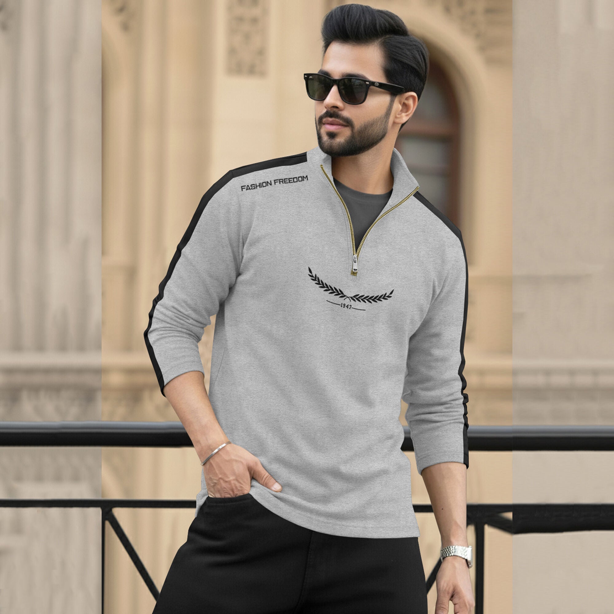 Men Full Sleeve Round Neck Cotton Blend Grey-Black T-Shirt