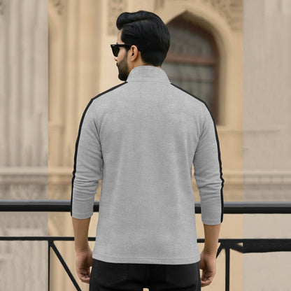 Men Full Sleeve Round Neck Cotton Blend Grey-Black T-Shirt