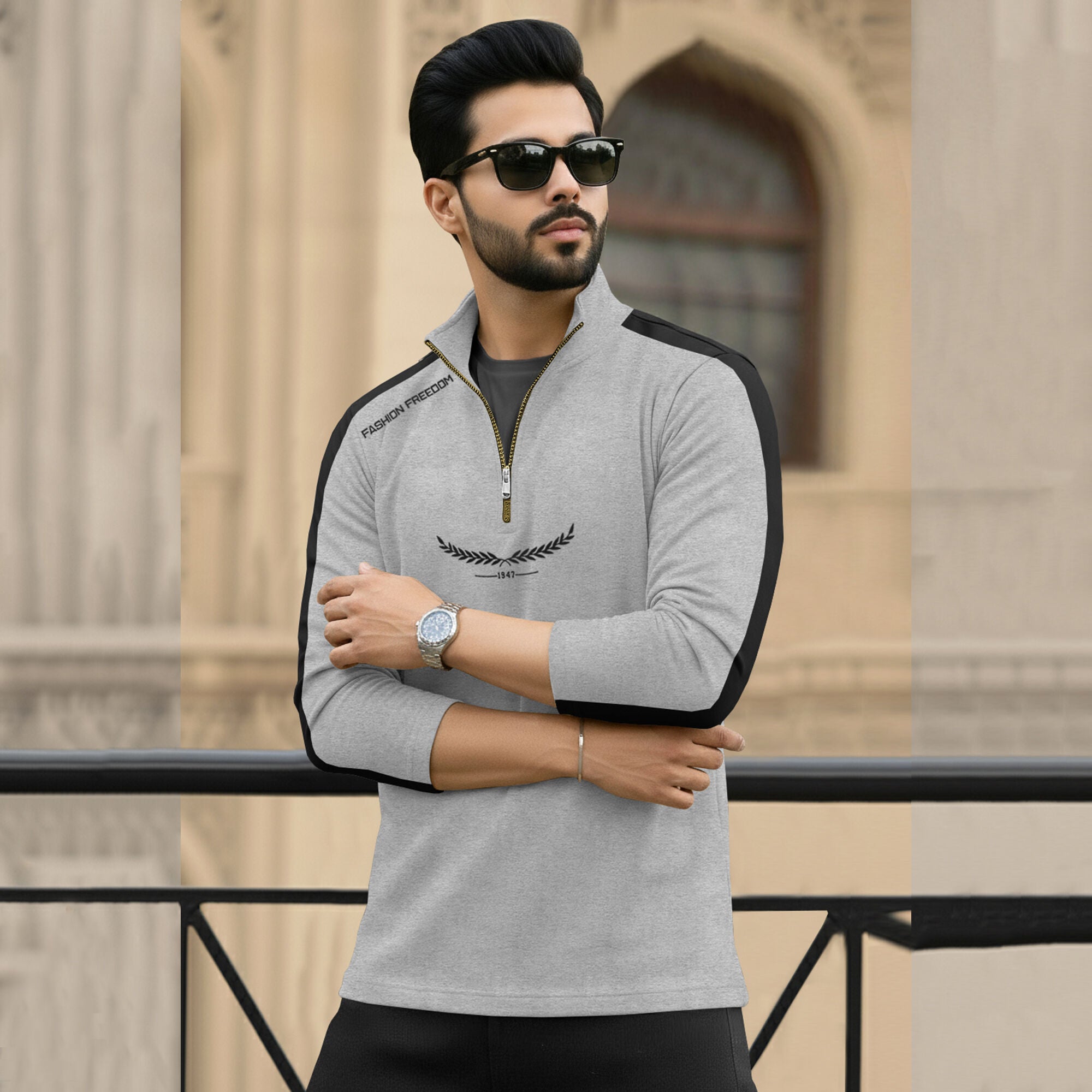 Men Full Sleeve Round Neck Cotton Blend Grey-Black T-Shirt