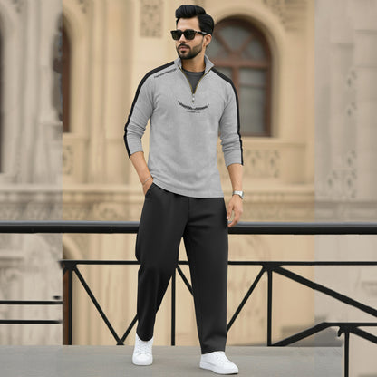 Men Full Sleeve Round Neck Cotton Blend Grey-Black T-Shirt