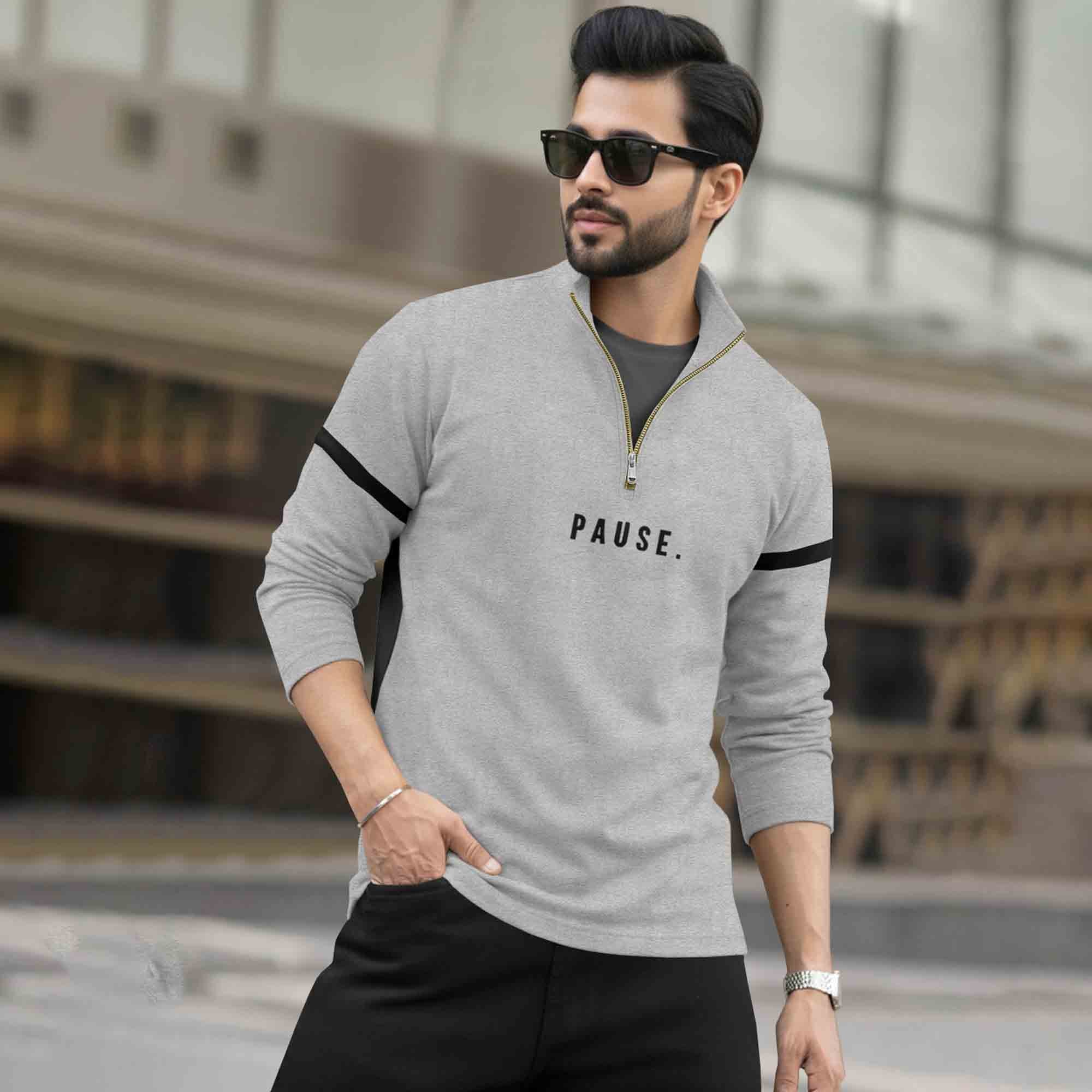 Men Full Sleeve High Neck Arm Striped Pause Printed T-shirt Grey
