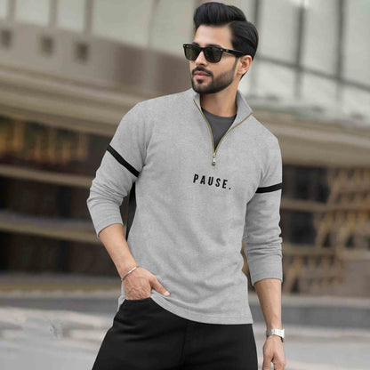Men Full Sleeve High Neck Arm Striped Pause Printed T-shirt Grey