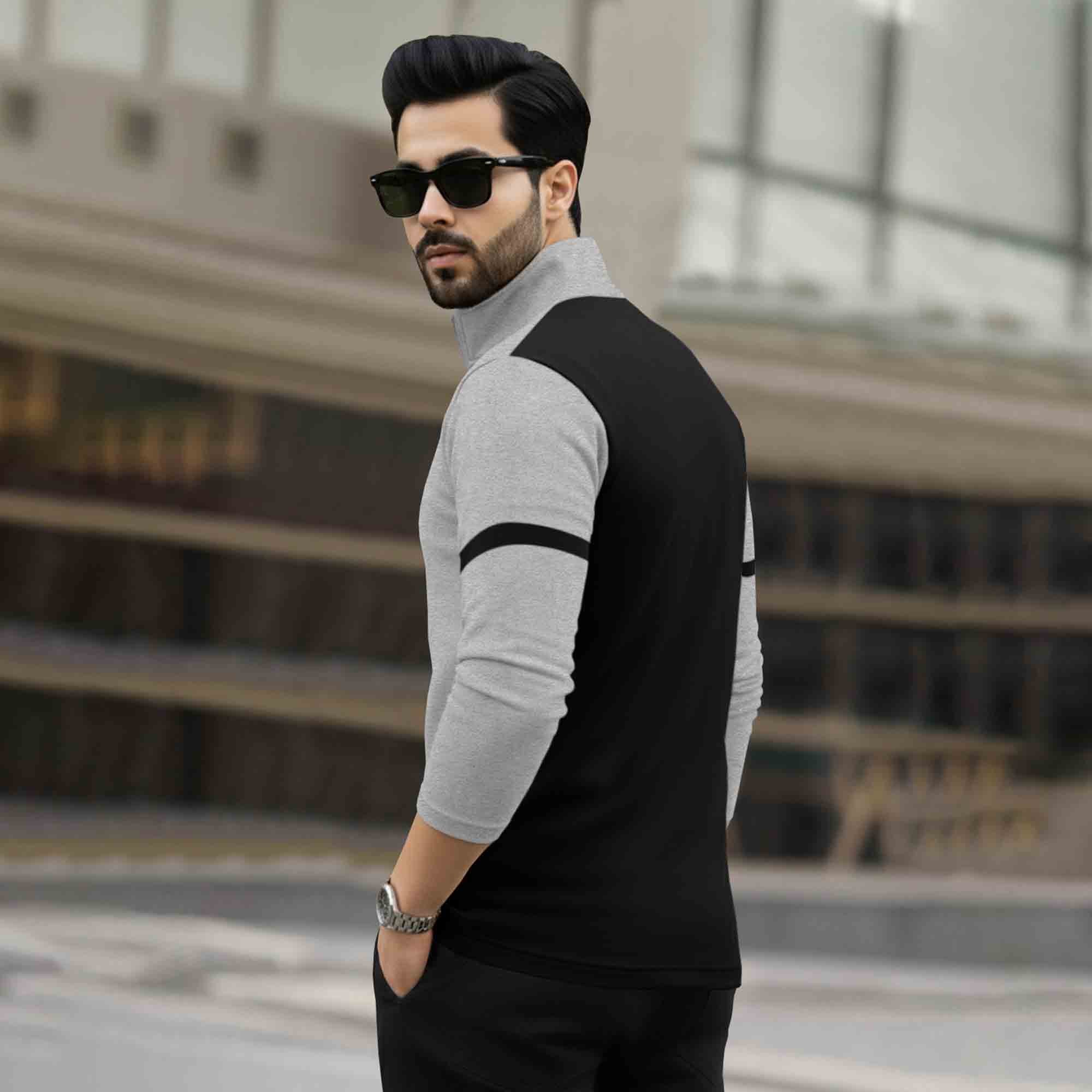 Men Full Sleeve High Neck Arm Striped Pause Printed T-shirt Grey