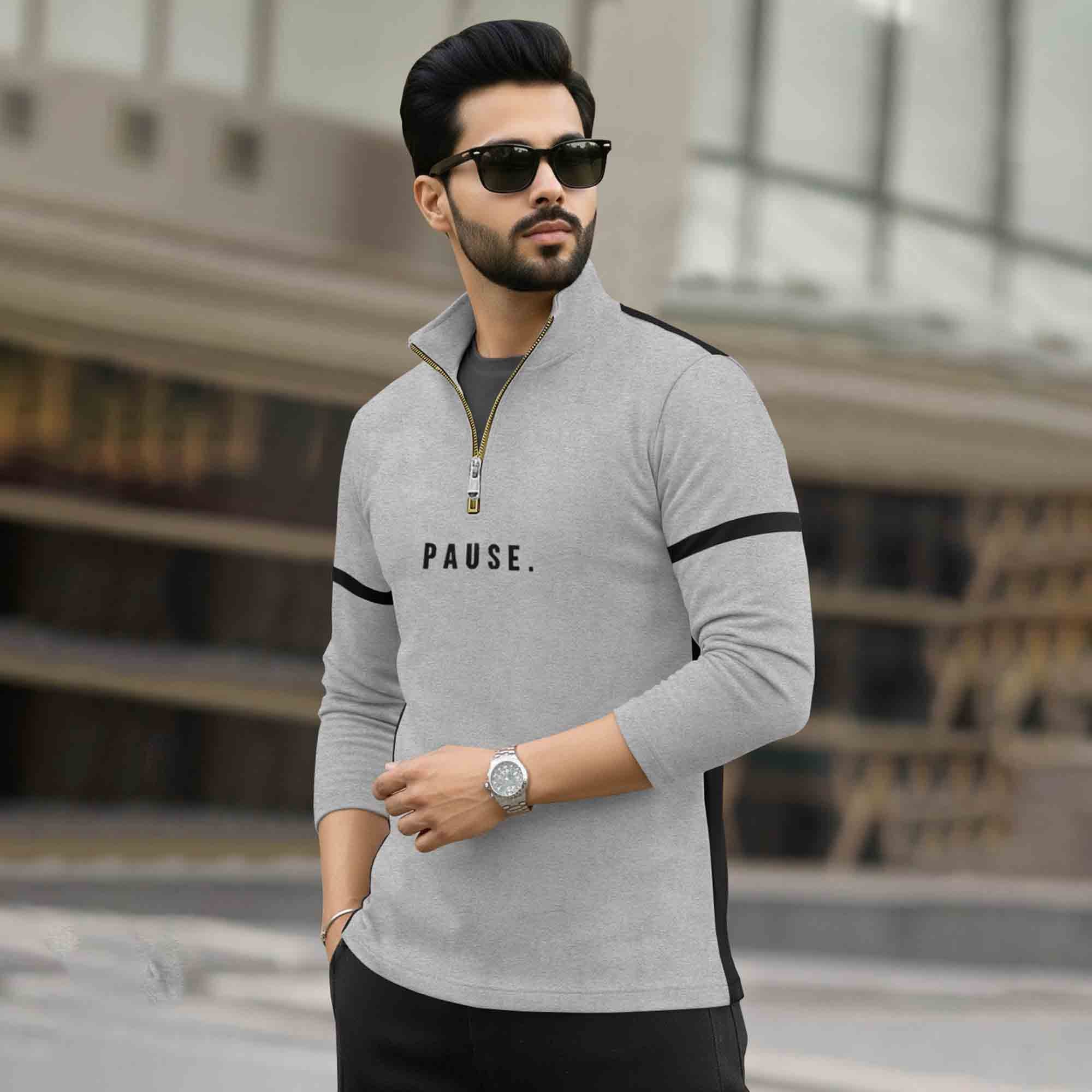 Men Full Sleeve High Neck Arm Striped Pause Printed T-shirt Grey