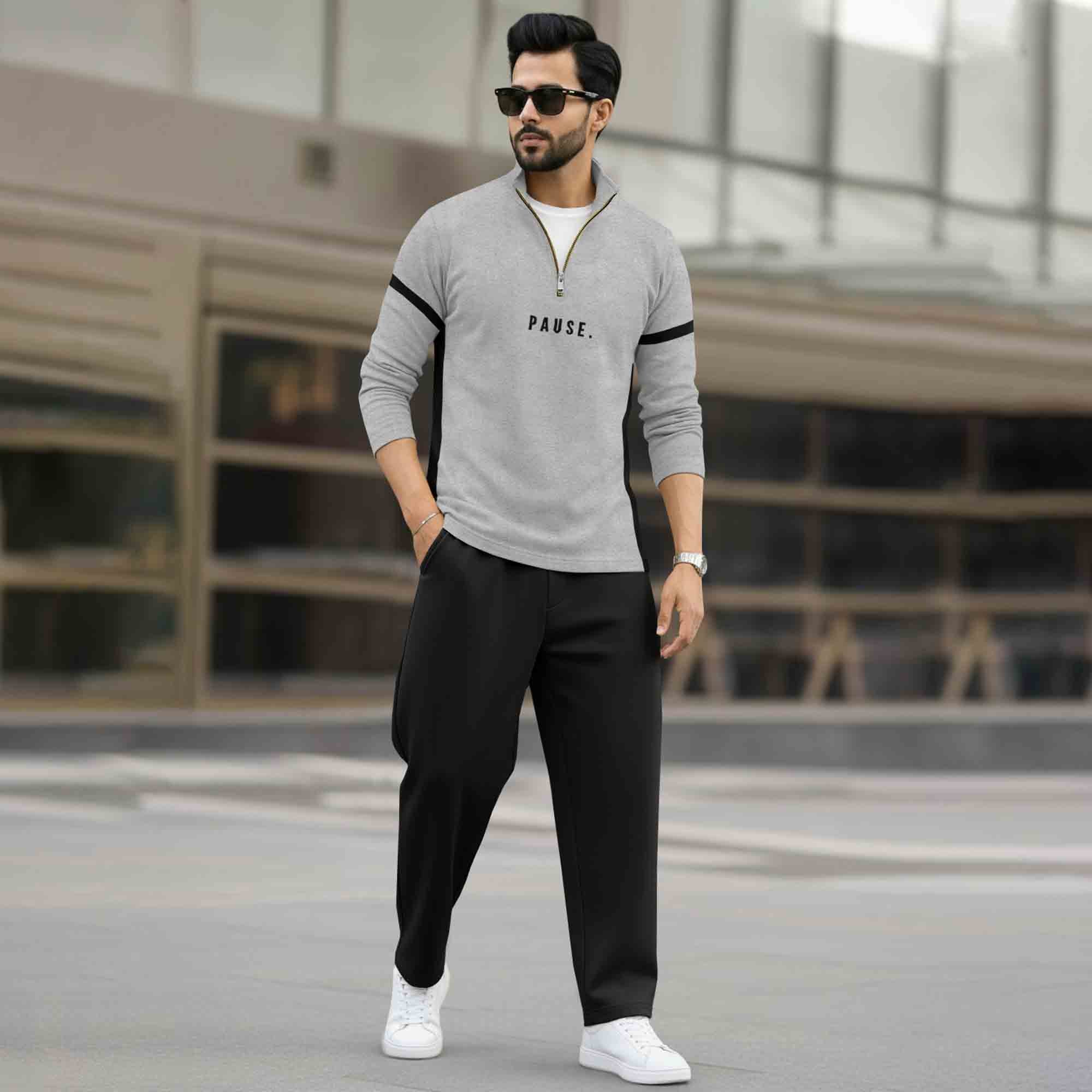 Men Full Sleeve High Neck Arm Striped Pause Printed T-shirt Grey
