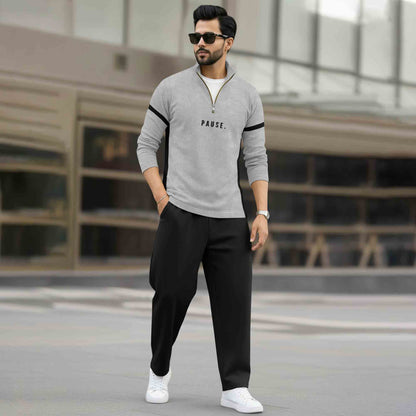 Men Full Sleeve High Neck Arm Striped Pause Printed T-shirt Grey