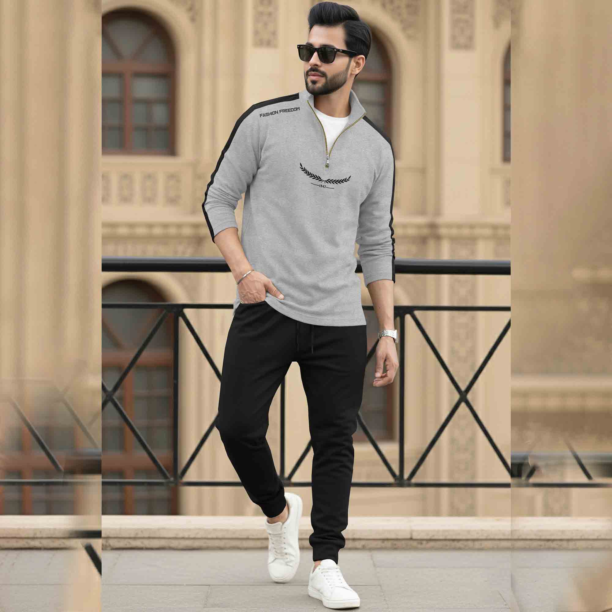 Men Tracksuit - High Neck Full Sleeve Printed T shirts & Plain Track Pants - 17 Variants