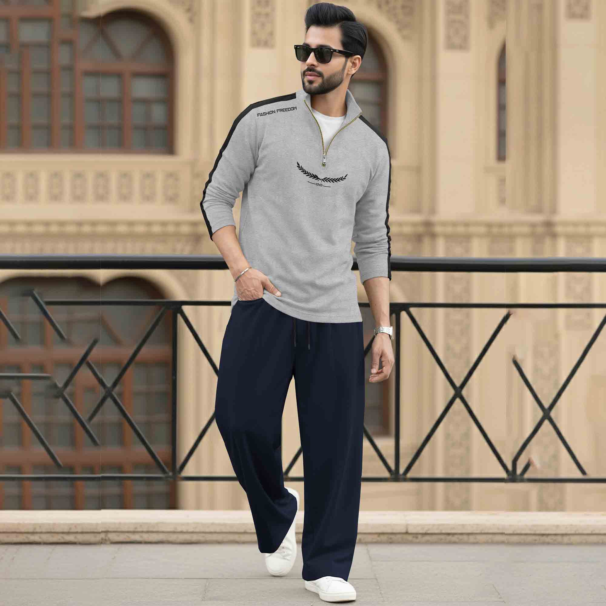 Men Tracksuit - High Neck Full Sleeve Printed T shirts & Plain Baggy pants- 15 Variants